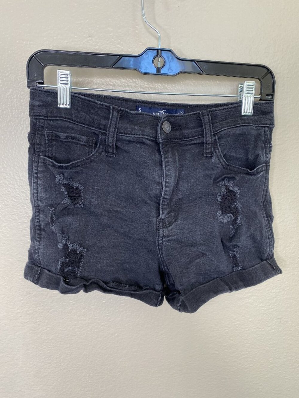 Hollister Womens Black Distressed High-Rise Denim Shorts Size 5 W27 3" inseam
